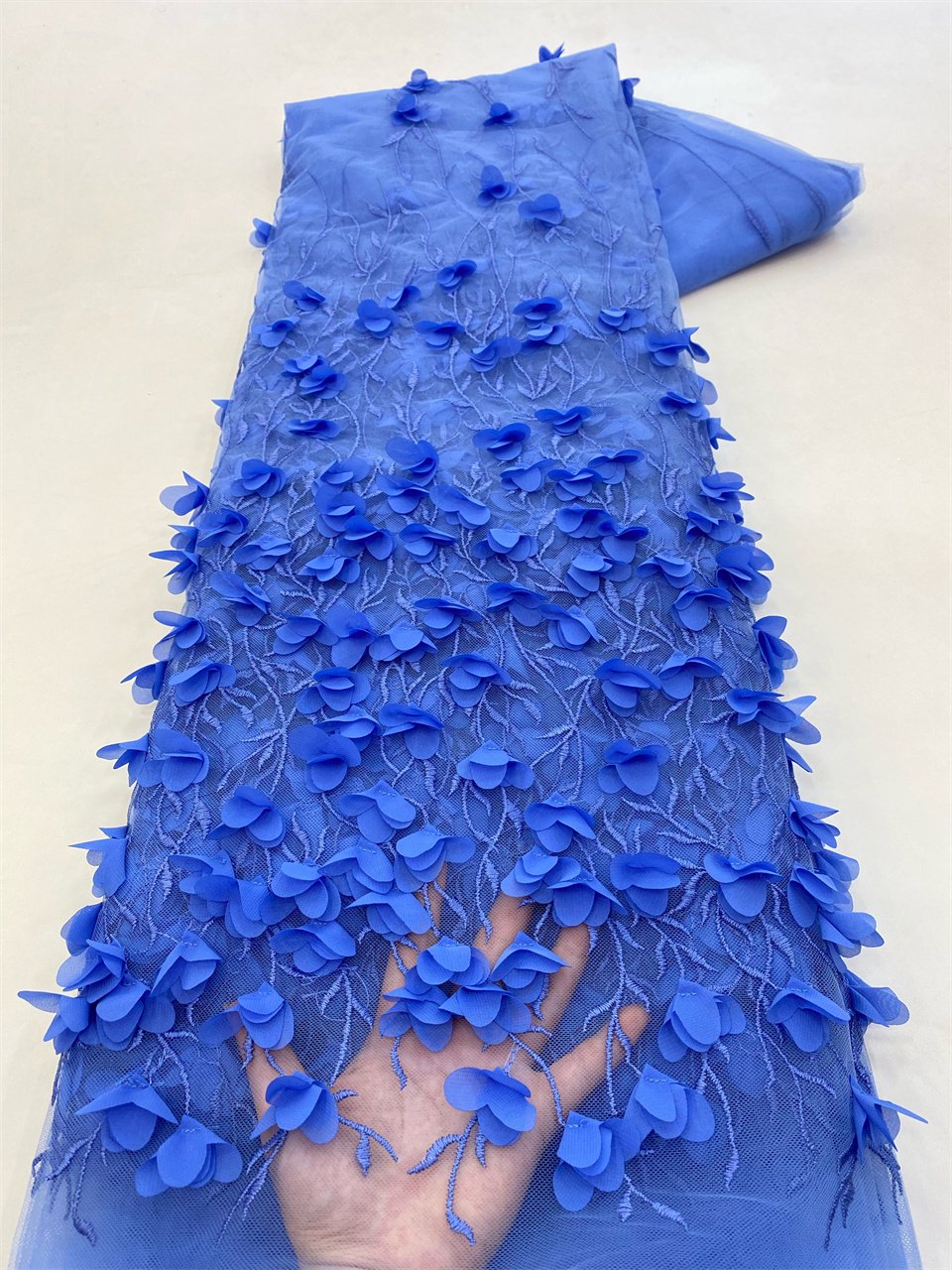 NI.AI Light Blue Lace 3D Flower Sequin Fabric Luxury Embroidered Floral Lace Fabrics For Wedding Dress