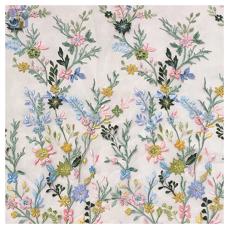 Elegant Hand Made Embroidery Fabric Net Fabric for Dress Embroidery 3D Multicolour Tulle Floral Fabric