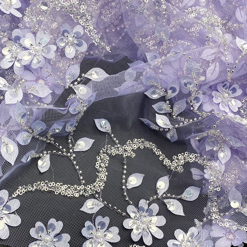 E-241 Hot Lavender Elegant Mesh Gauze Laser Sequins Beaded Embroidery Fabric Flower Evening Dress Wedding Dress Luxury Fabric
