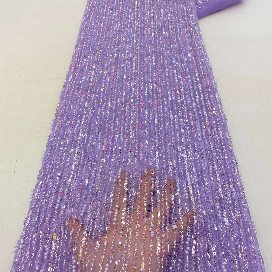 Luxury handmade purple beaded lace fabric