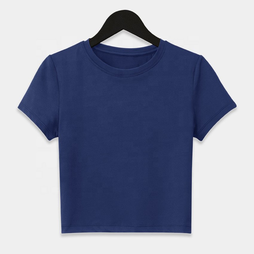 2023 wholesale custom Gym Ribbed Cotton Knit Semi Fitted Crew Neck Baby Tee Women Slim Crop Top T Shirts For Girls
