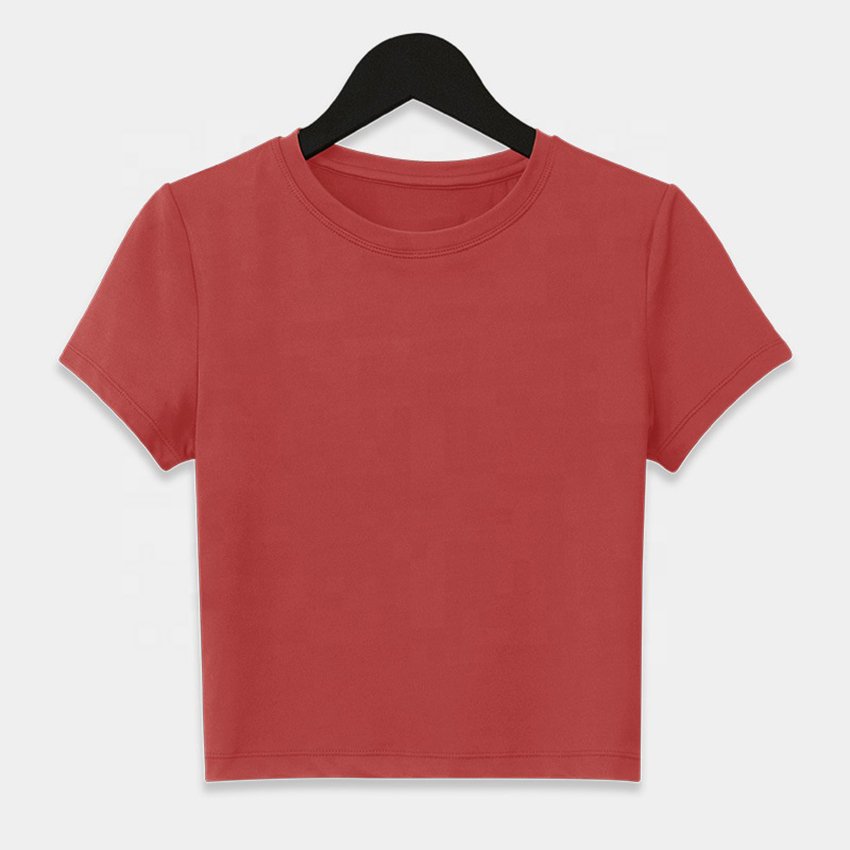 2023 wholesale custom Gym Ribbed Cotton Knit Semi Fitted Crew Neck Baby Tee Women Slim Crop Top T Shirts For Girls