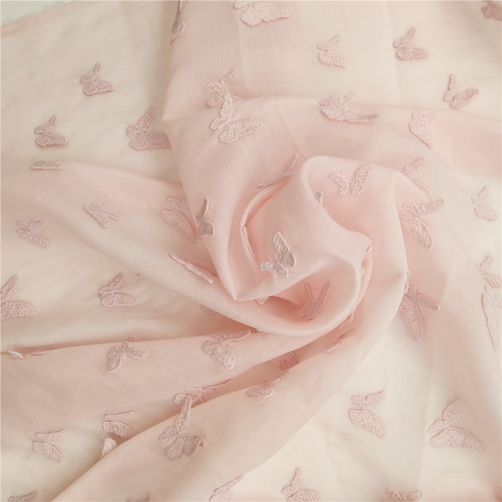 Pink color 3d butterfly lace embroidered fabric 3d flower lace fabric