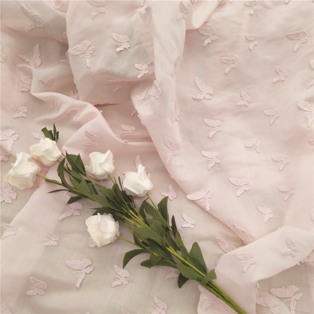 Pink color 3d butterfly lace embroidered fabric 3d flower lace fabric