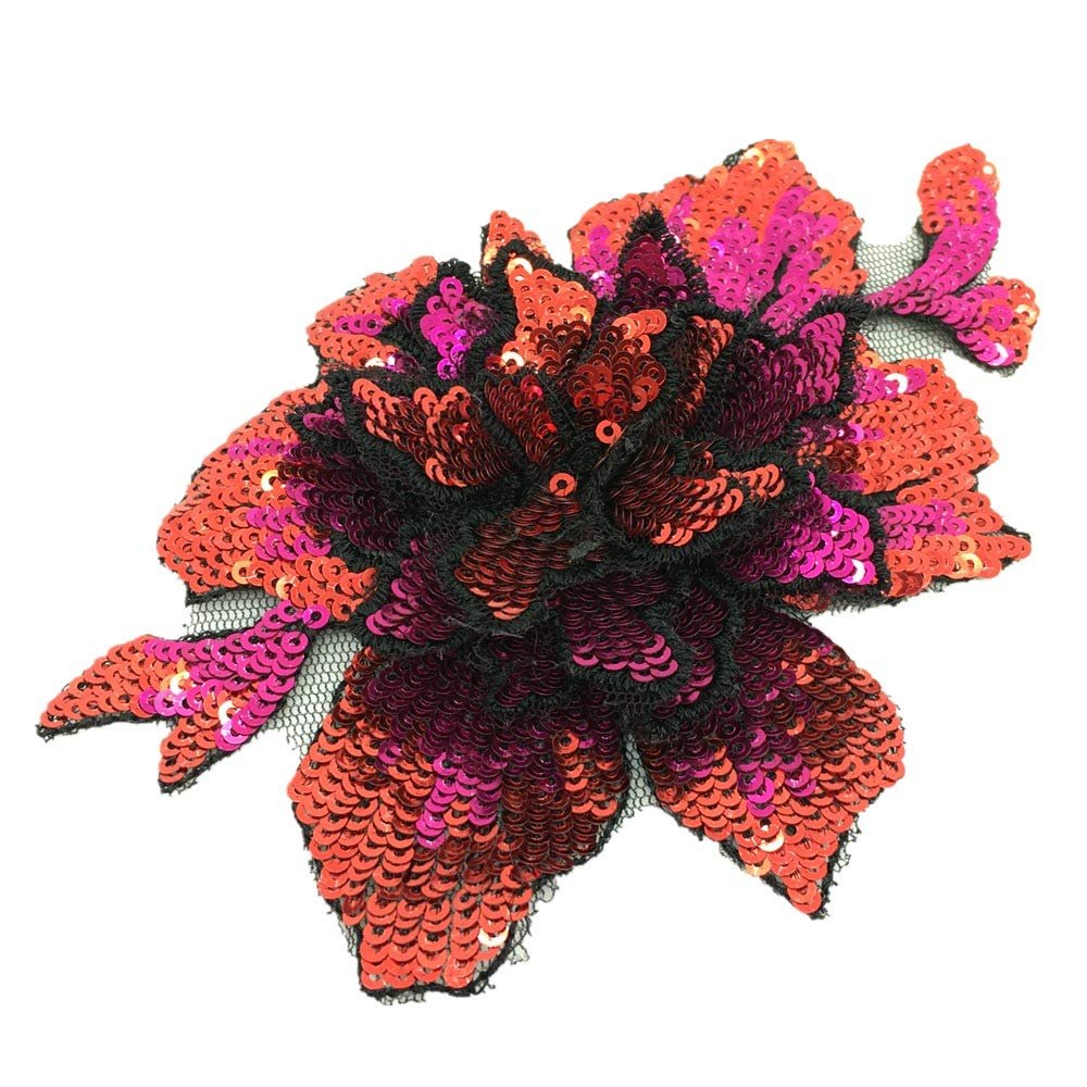Fashion design 3D sew on rose red sequin applique flower embroidery lace patch