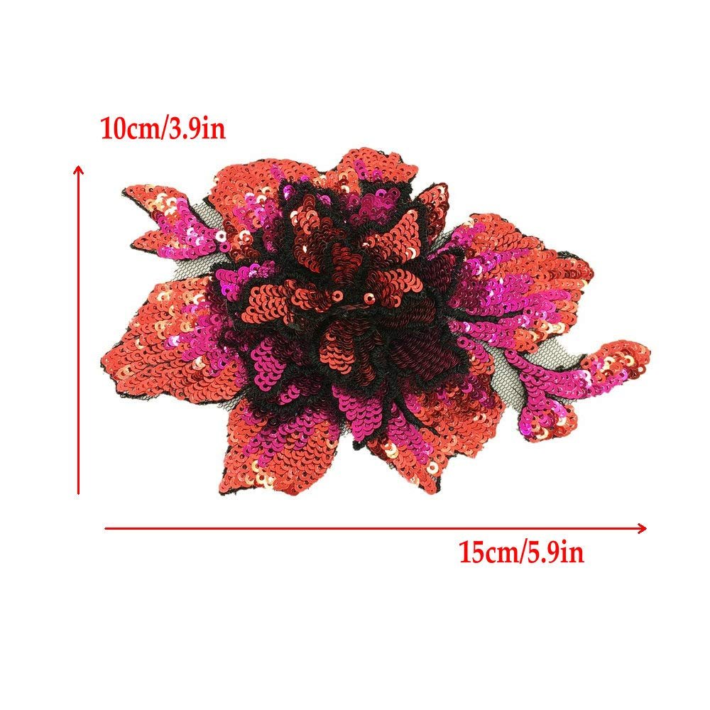 Fashion design 3D sew on rose red sequin applique flower embroidery lace patch