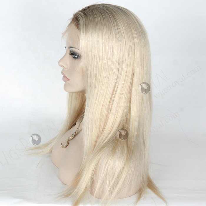 Luxury European Hair 14 16 18 Inch Small Cap Full Lace Silk Top Wigs Brown Roots Platinum Blonde Human Hair Wigs for Women