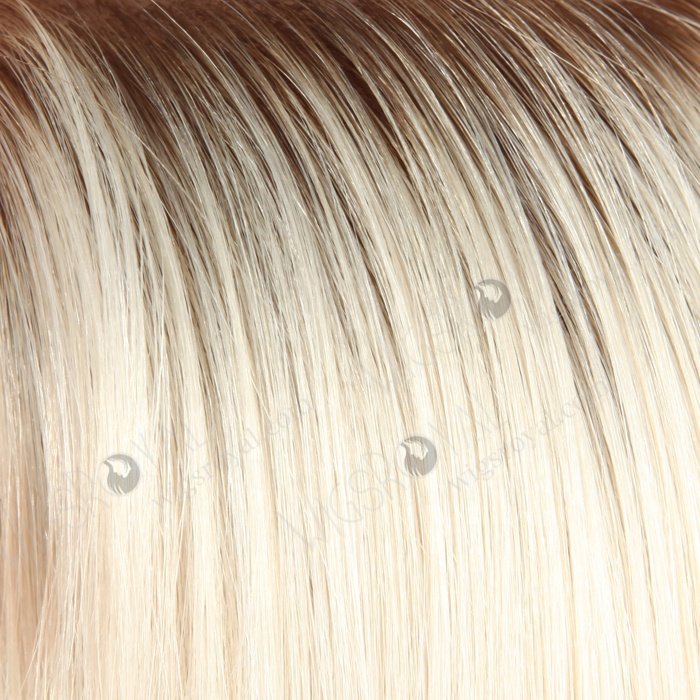 Luxury European Hair 14 16 18 Inch Small Cap Full Lace Silk Top Wigs Brown Roots Platinum Blonde Human Hair Wigs for Women