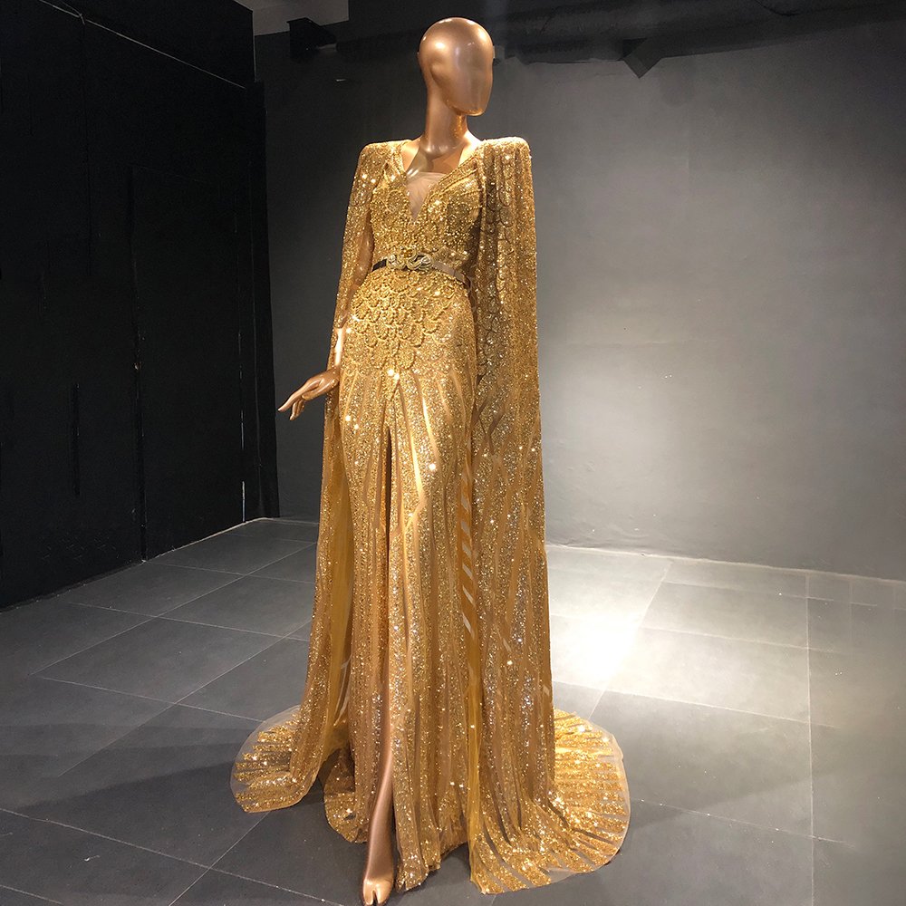 Scz050-2 Luxury Gold Dubai Evening Dresses With Cape Sparkly Beaded Elegant Long Formal Party Dress For Women Wedding