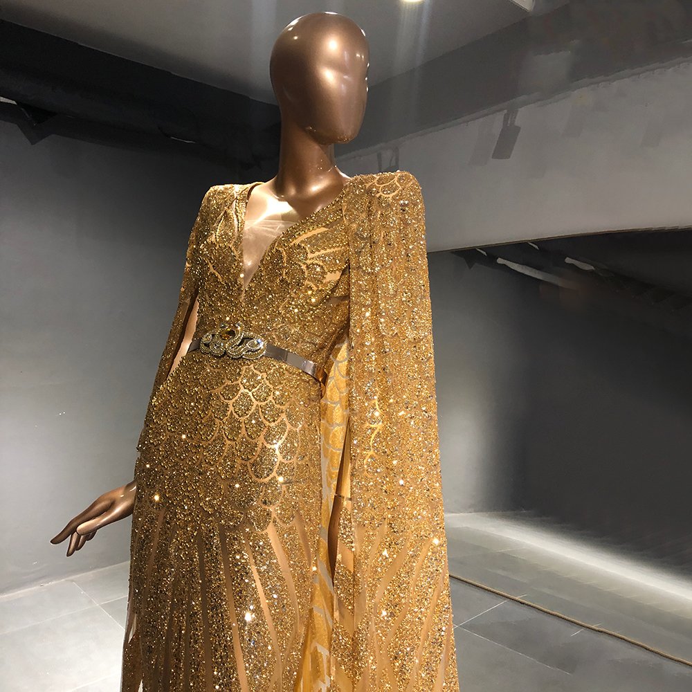 Scz050-2 Luxury Gold Dubai Evening Dresses With Cape Sparkly Beaded Elegant Long Formal Party Dress For Women Wedding
