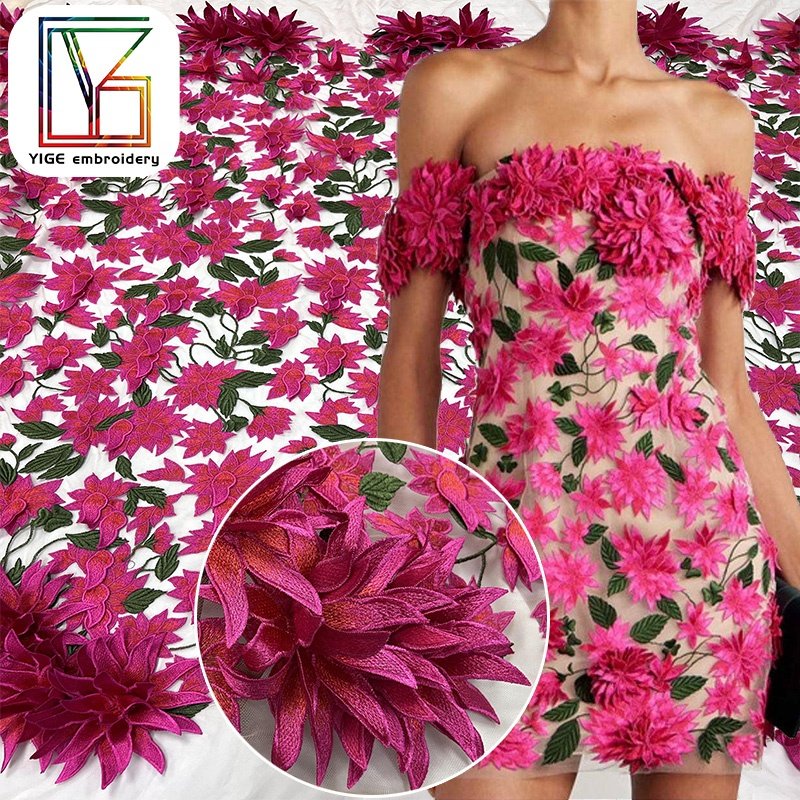 high quality red 3d flower Applique lace Fabric Wedding Dress Tulle Lace Fabric African Bridal embroidered net fabric
