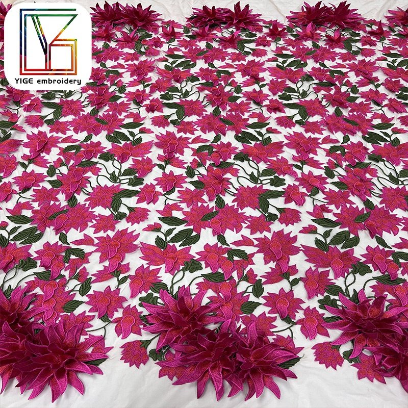 high quality red 3d flower Applique lace Fabric Wedding Dress Tulle Lace Fabric African Bridal embroidered net fabric