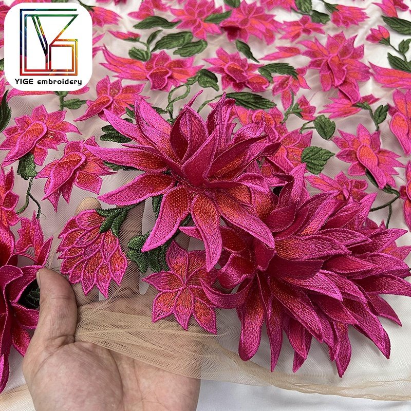high quality red 3d flower Applique lace Fabric Wedding Dress Tulle Lace Fabric African Bridal embroidered net fabric