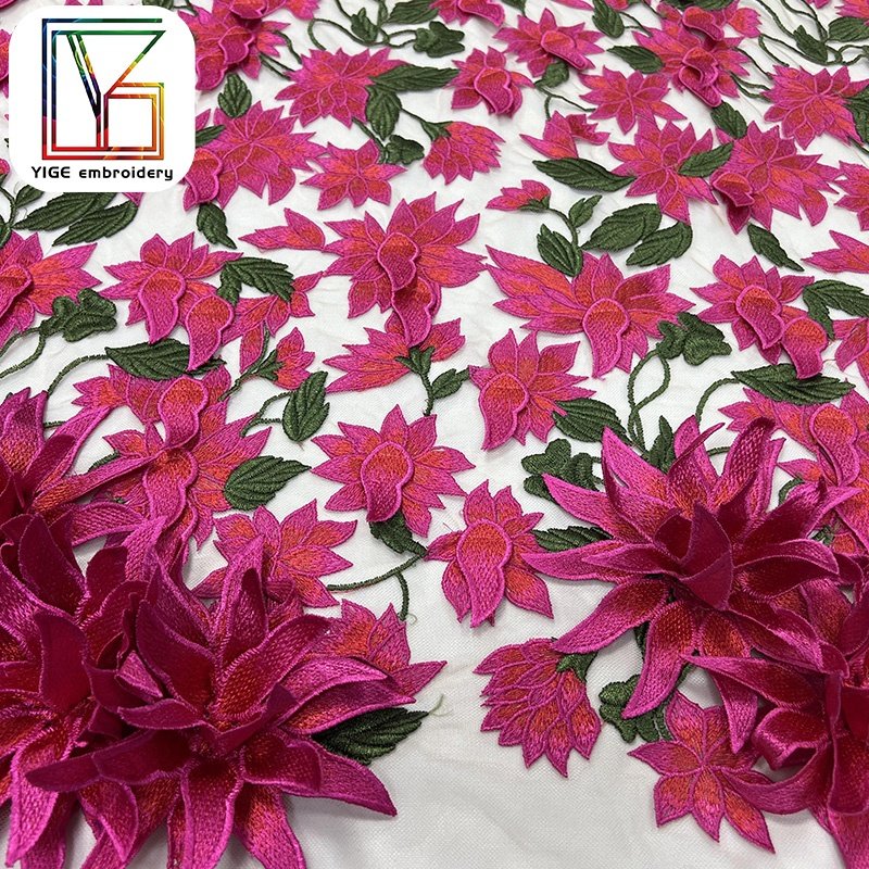 high quality red 3d flower Applique lace Fabric Wedding Dress Tulle Lace Fabric African Bridal embroidered net fabric