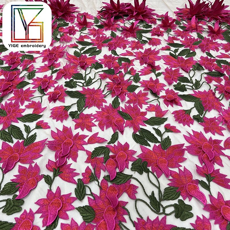 high quality red 3d flower Applique lace Fabric Wedding Dress Tulle Lace Fabric African Bridal embroidered net fabric