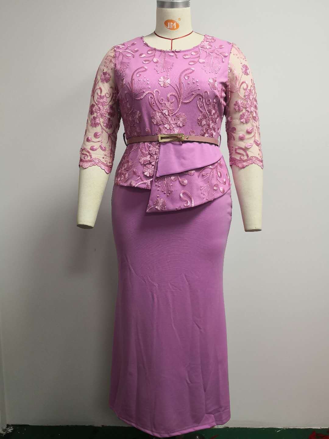 Spring Autumn Africa women Lace Patchwork floral race plus size long dress translucent half-sleeve with belt long dress