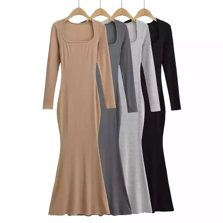 2023 new design arrival dress cotton ribbed long sleeves square neck floor length maxi bodycon dress Fall Winter lounge dress