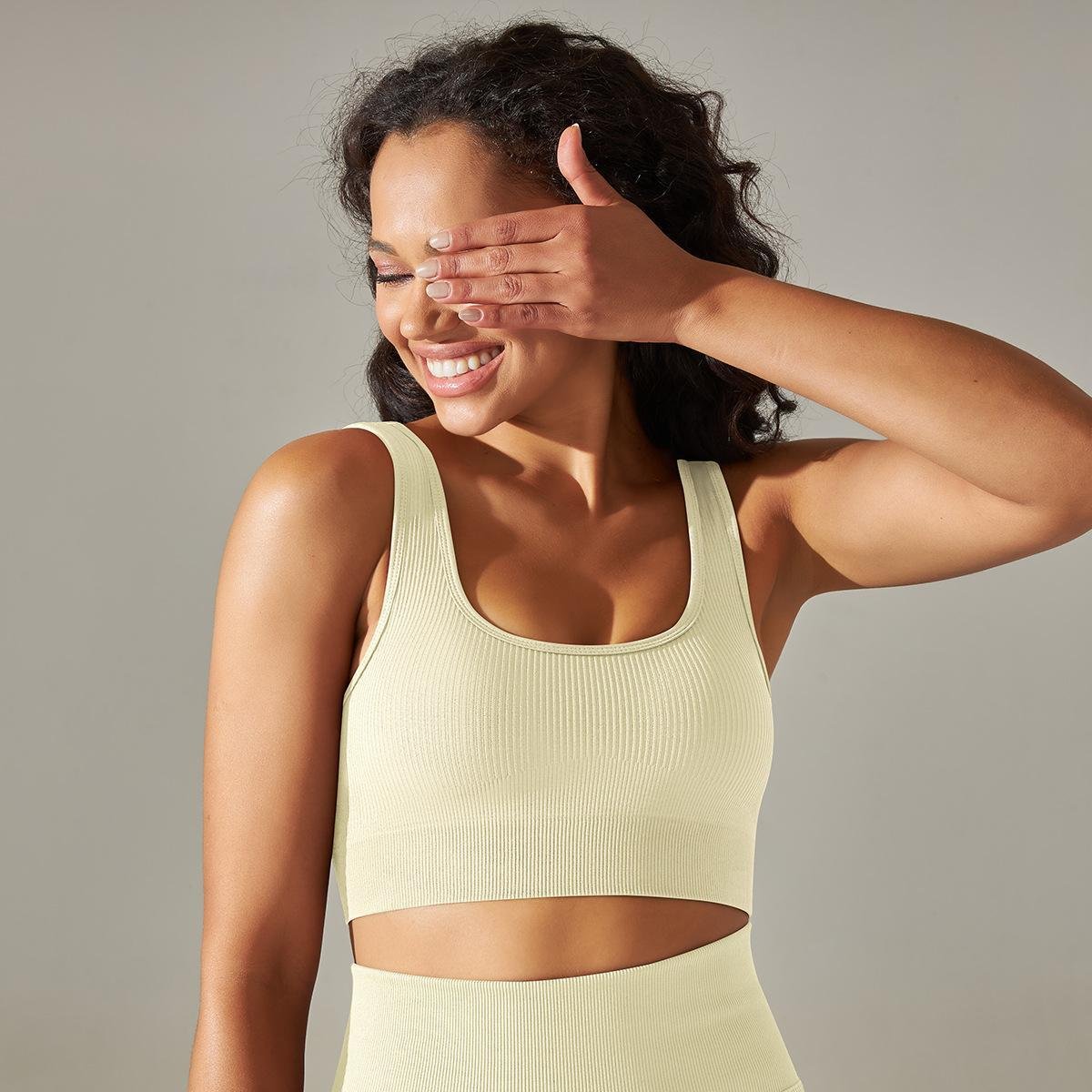 9226 Ribbed Seamless Tight-fitting Knitted Bra solid Color Striped Sports Underwear Running Beauty Back Fitness Yoga Vest Women