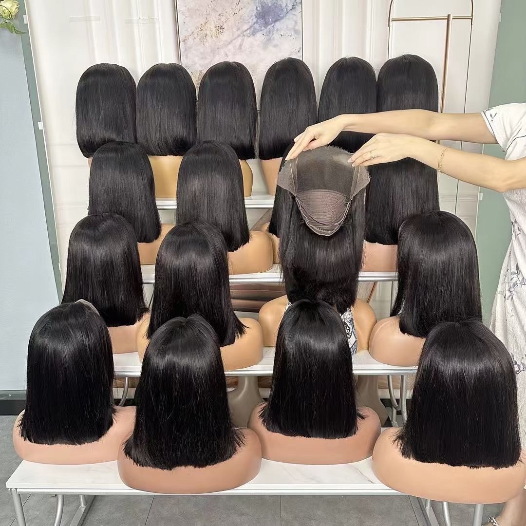 Top Quality Fashion Virgin Human Hair Double Drawn Bob Style 13x4 Full Lace Wig Natural Color 4x4 Closure Wig for Black Woman