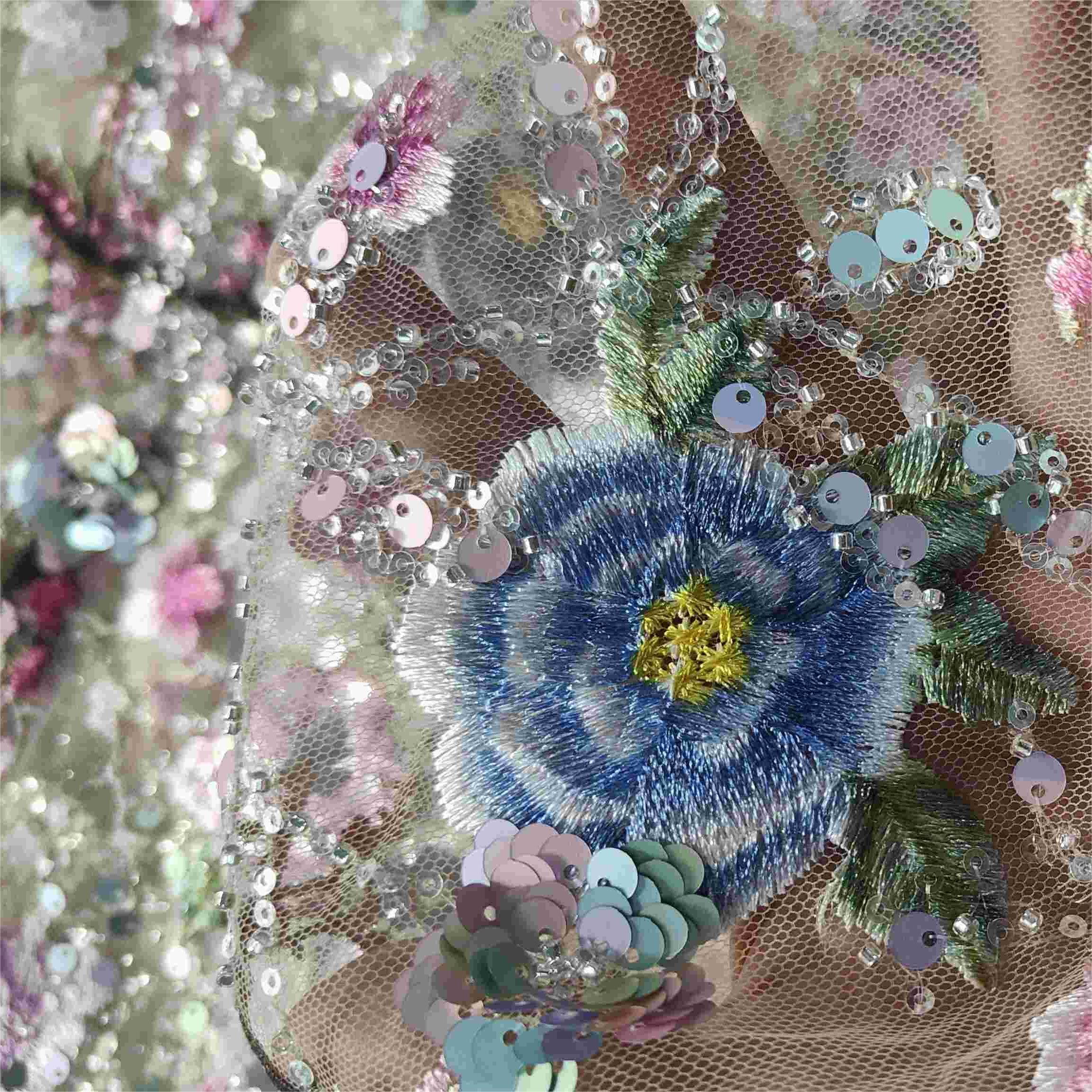 Fashion Multi color Beautiful Embroidery Floral Sequin Fabric For Girl and Woman Dress