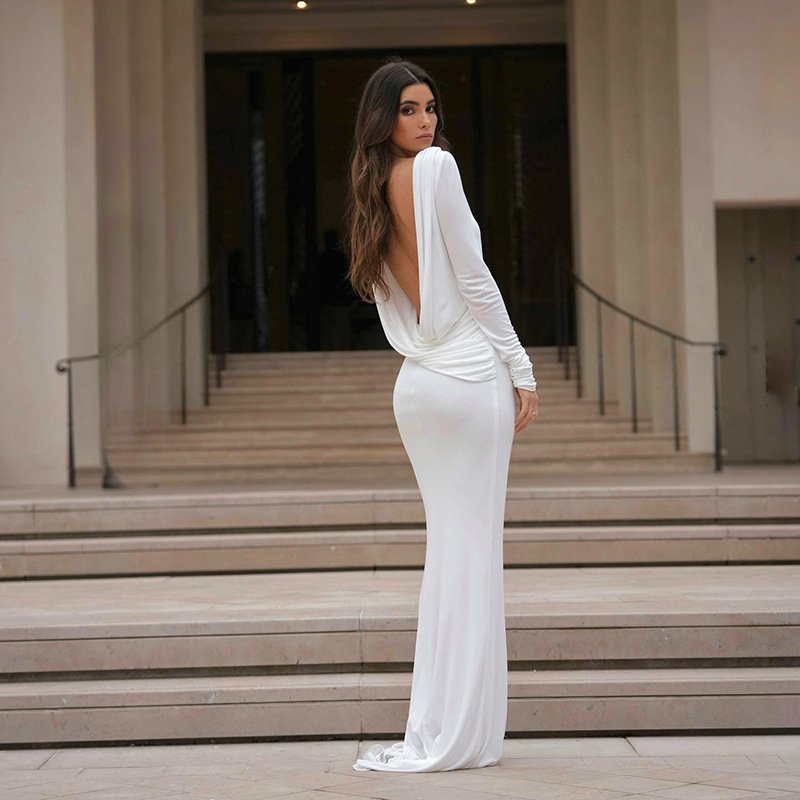 Peeqi K24D53841 fashion 2024 new autumn streetwear solid color long sleeve split backless slim dress sexy maxi dress women lady
