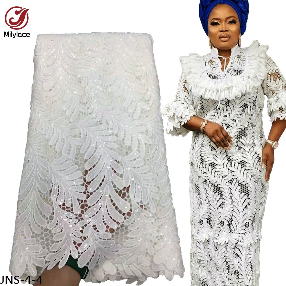 Embroidery Grass Design African Guipure Cord White Lace Fabric with Sequins For Party Dress