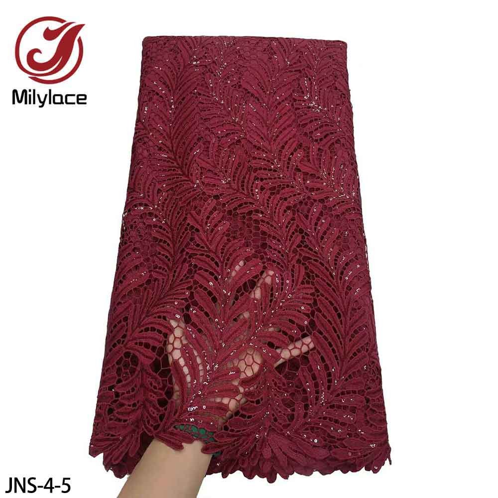 Embroidery Grass Design African Guipure Cord White Lace Fabric with Sequins For Party Dress