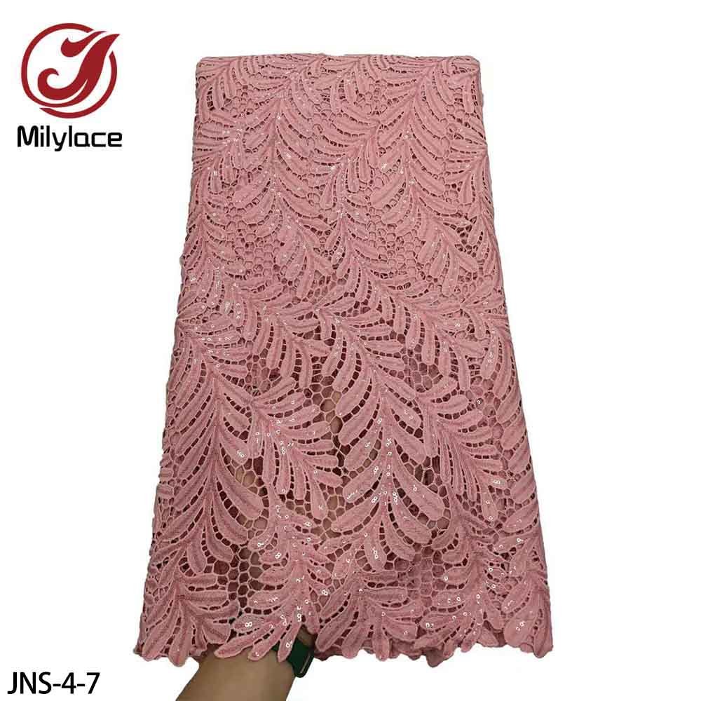 Embroidery Grass Design African Guipure Cord White Lace Fabric with Sequins For Party Dress