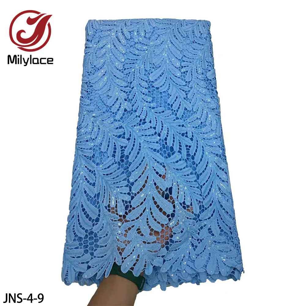 Embroidery Grass Design African Guipure Cord White Lace Fabric with Sequins For Party Dress