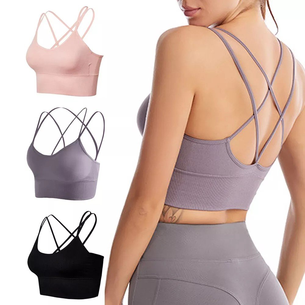 Women Round Neck Slim Fit High Stretch Fitness Activewear Solid Color Rib Knit Sports Top Bra