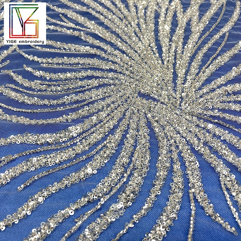 French Wedding Lace Designer Fabric Sequins Beads Bridal Embroidery Lace Fabric for Evening Dresses