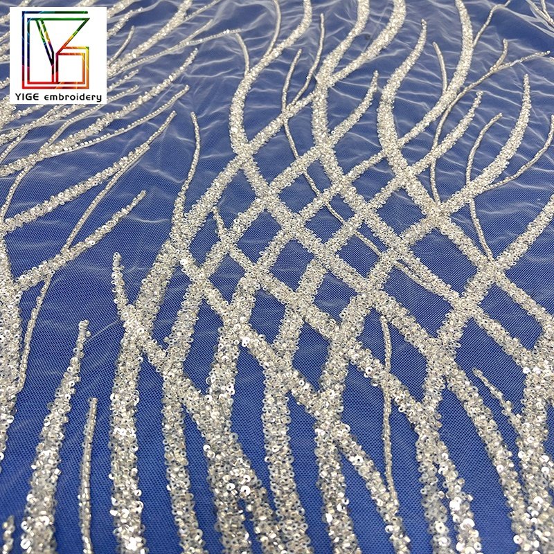 French Wedding Lace Designer Fabric Sequins Beads Bridal Embroidery Lace Fabric for Evening Dresses