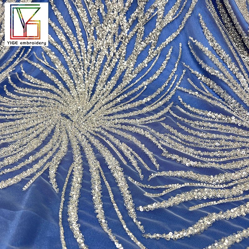 French Wedding Lace Designer Fabric Sequins Beads Bridal Embroidery Lace Fabric for Evening Dresses