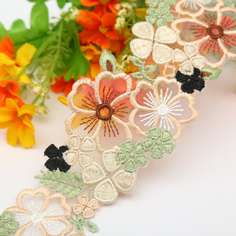 13 yards/packing width 6.5 cm Colorful Water Soluble embroidered Lace Trimming Polyester bar code leaves Lace ribbon for dress
