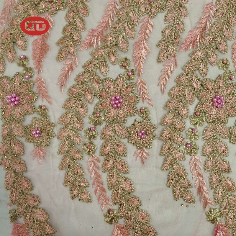 Nice manufacture luxury women dress 3d beads floral embroidered mesh fabric
