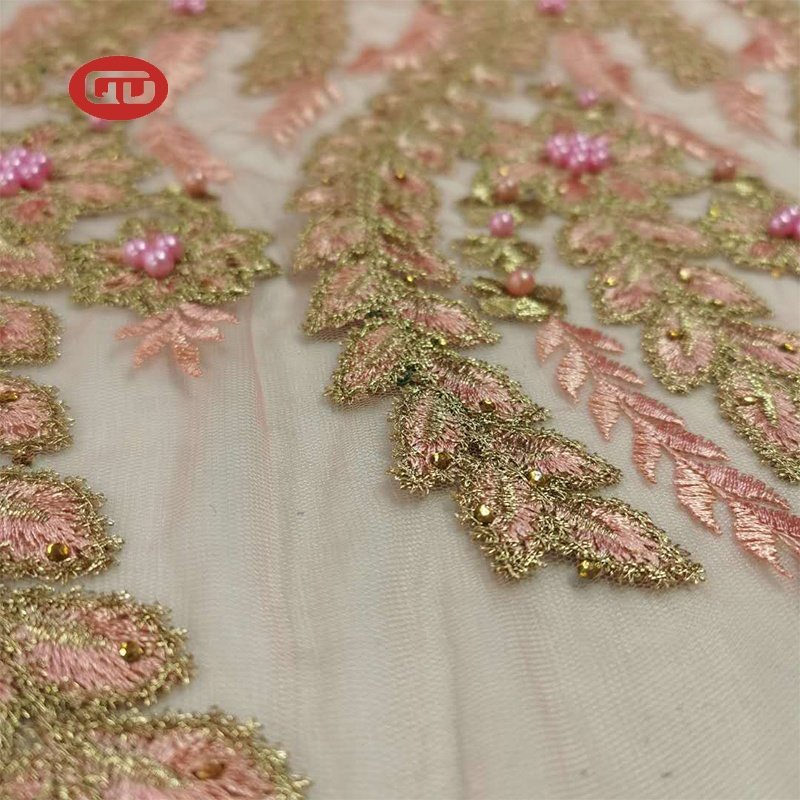 Nice manufacture luxury women dress 3d beads floral embroidered mesh fabric