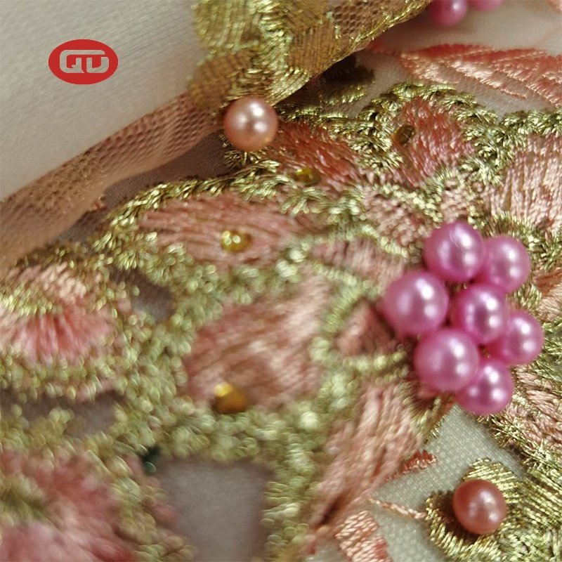 Nice manufacture luxury women dress 3d beads floral embroidered mesh fabric