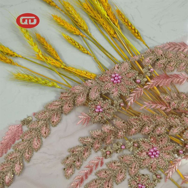 Nice manufacture luxury women dress 3d beads floral embroidered mesh fabric