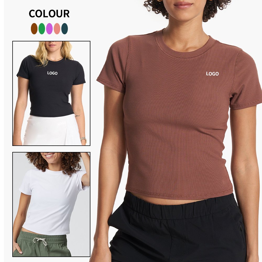 Custom Black Round Neck Sexy Corset Short Sleeve T-Shirt Fitness Workout Gym Tank Tight Ribbed Crop Tops For Women