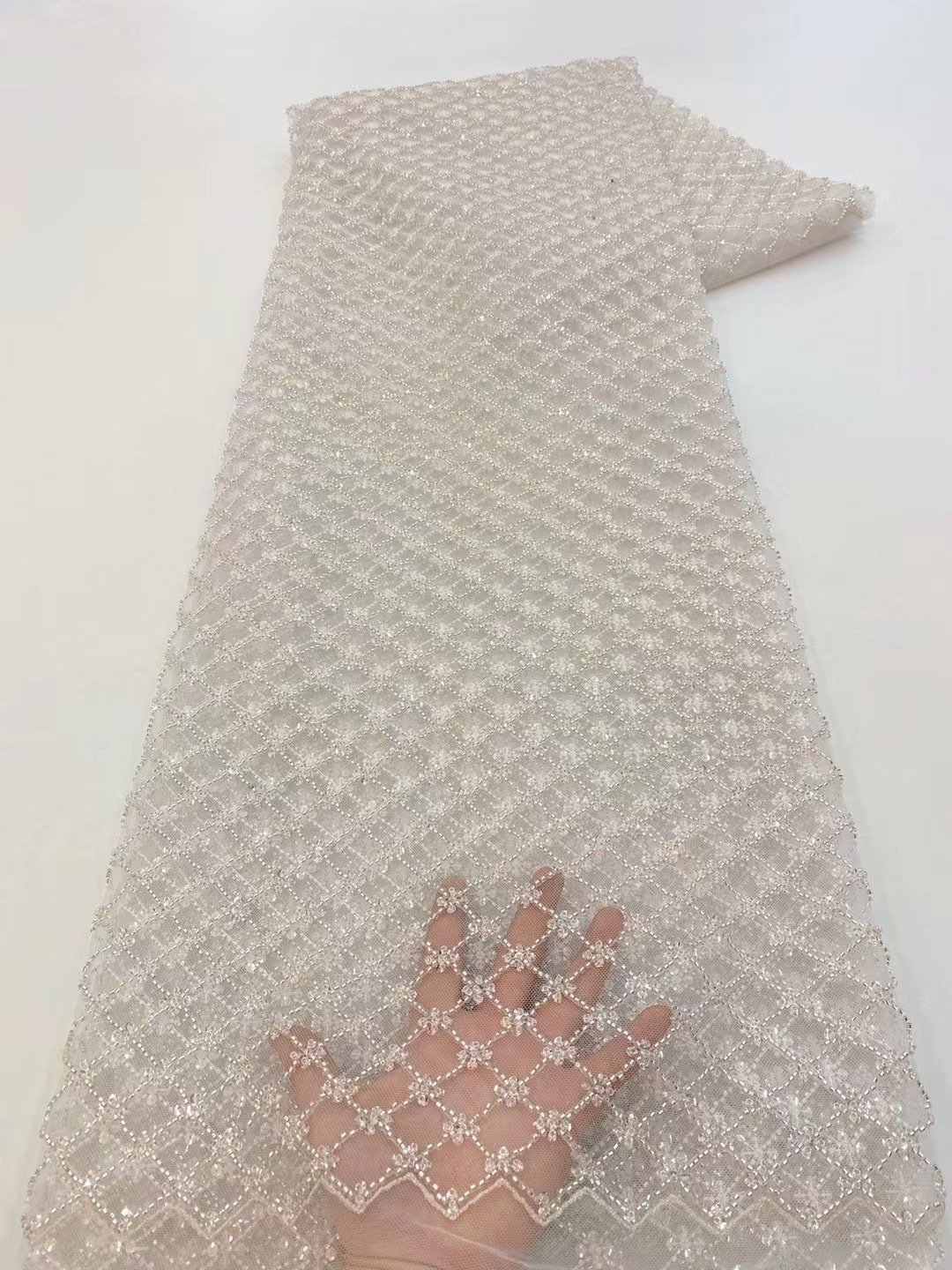 Summer New European french lace handmade wedding geometric square beaded pearl lace fabric sequin embroidery fabric