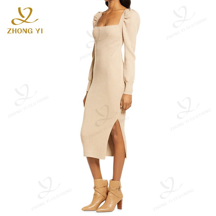ODM OEM Custom Winter Women Clothing Square Neck Tie Back Ribbed Puff Long Sleeve Fitted Casual Midi knitting Sweater Dresses