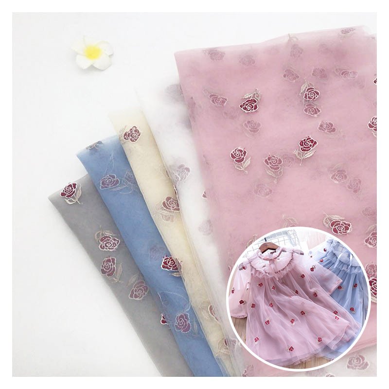 2024 New small rose tulle embroidery fabric polyester embroidered cloth wedding dress dress Pengpeng skirt fabric