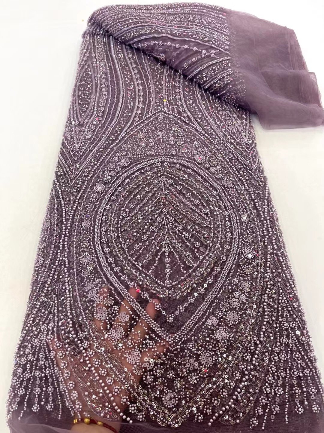 NI.AI Luxury Pearl Embroidery Lace Bridal Heavy Beaded Lace Fabric Golden Lace Sequin Fabric For Dress