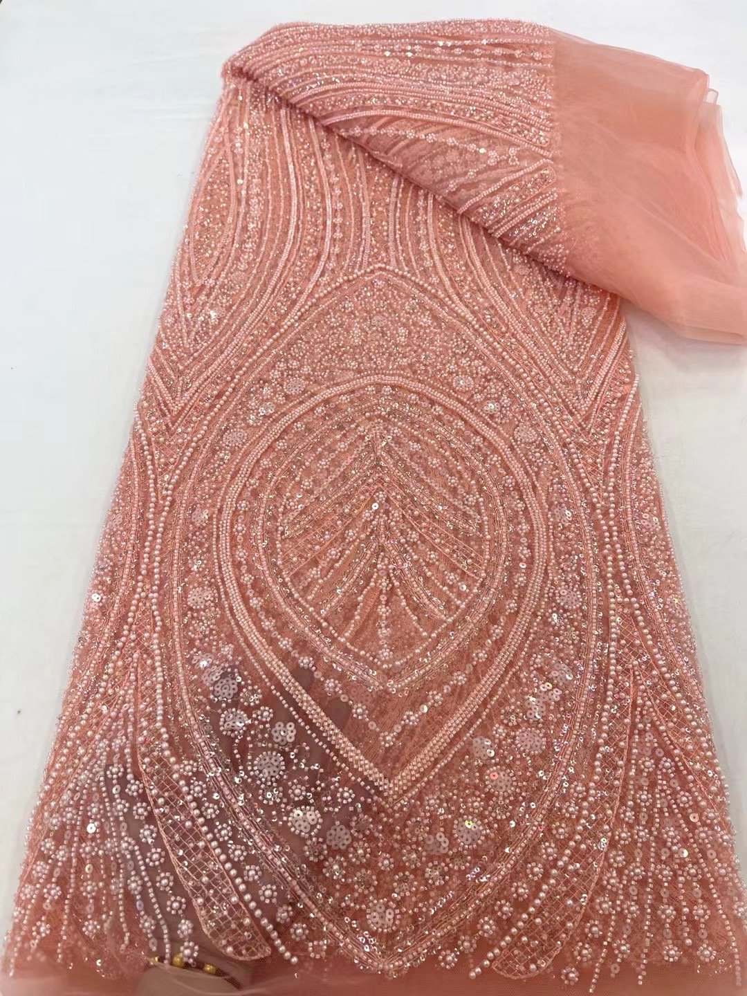 NI.AI Luxury Pearl Embroidery Lace Bridal Heavy Beaded Lace Fabric Golden Lace Sequin Fabric For Dress