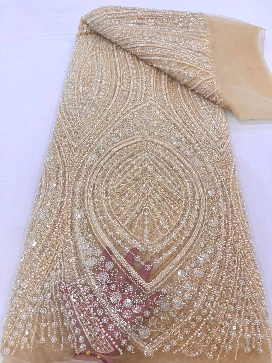 NI.AI Luxury Pearl Embroidery Lace Bridal Heavy Beaded Lace Fabric Golden Lace Sequin Fabric For Dress