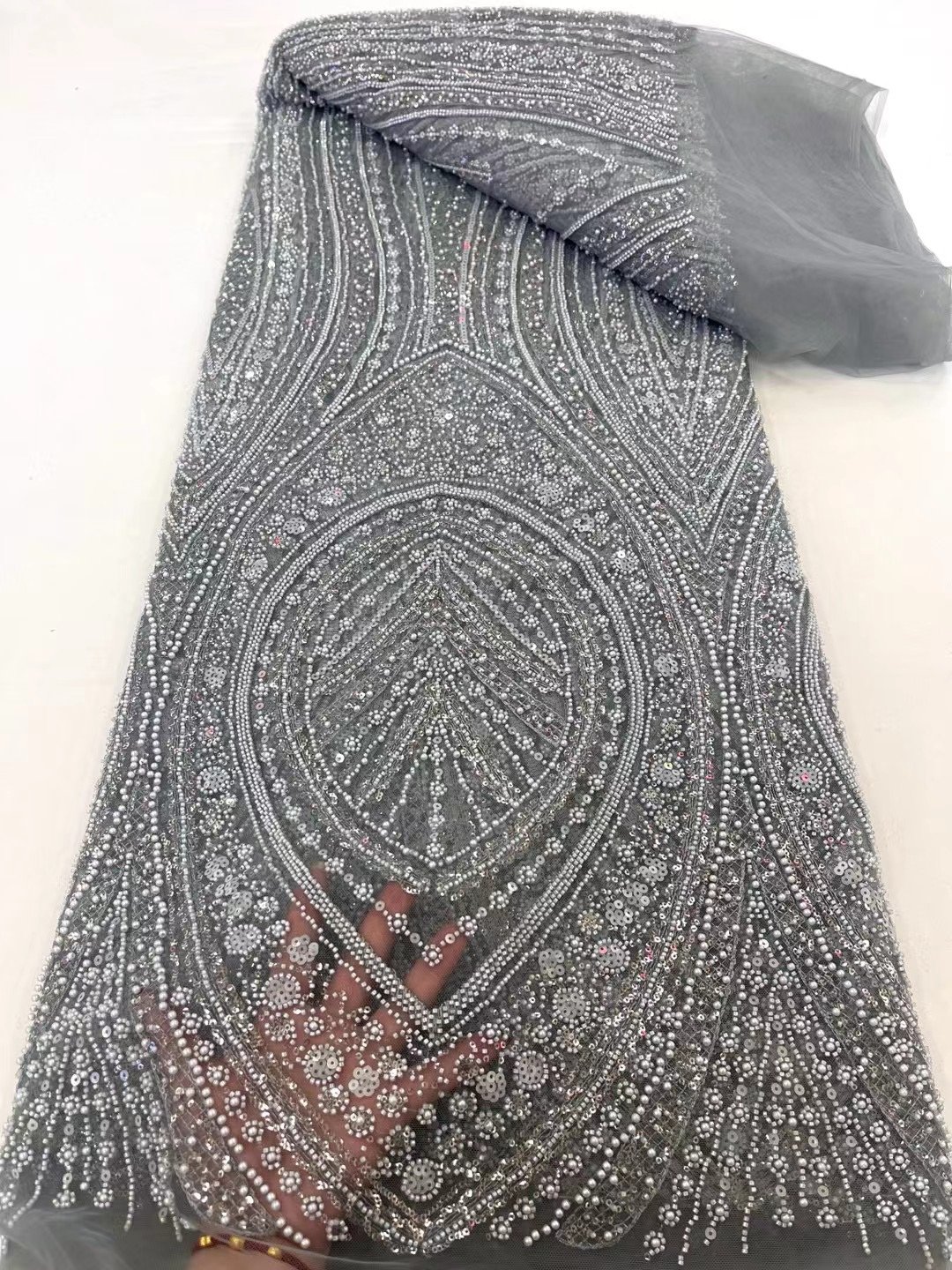 NI.AI Luxury Pearl Embroidery Lace Bridal Heavy Beaded Lace Fabric Golden Lace Sequin Fabric For Dress