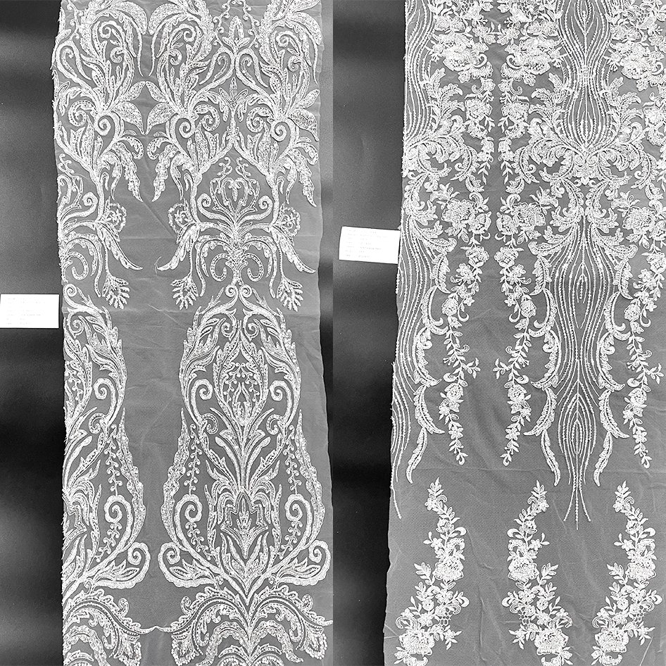 Gacent Fabric Factory Wholesale Luxury French White Flower Sequin Knitted Lace Fabric for Bridal Dress