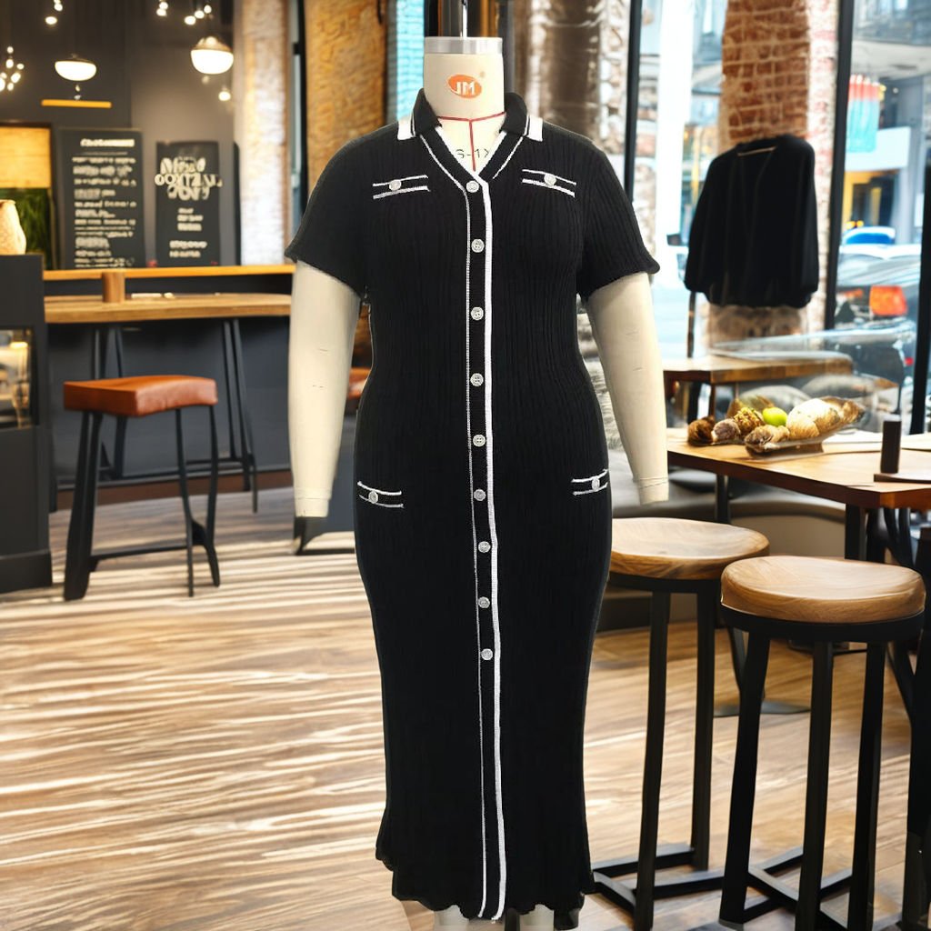 OEM/ODM Button Black Nylon / Cotton Fall V Neck Sweaters Dress Women's Rib Knit Dress