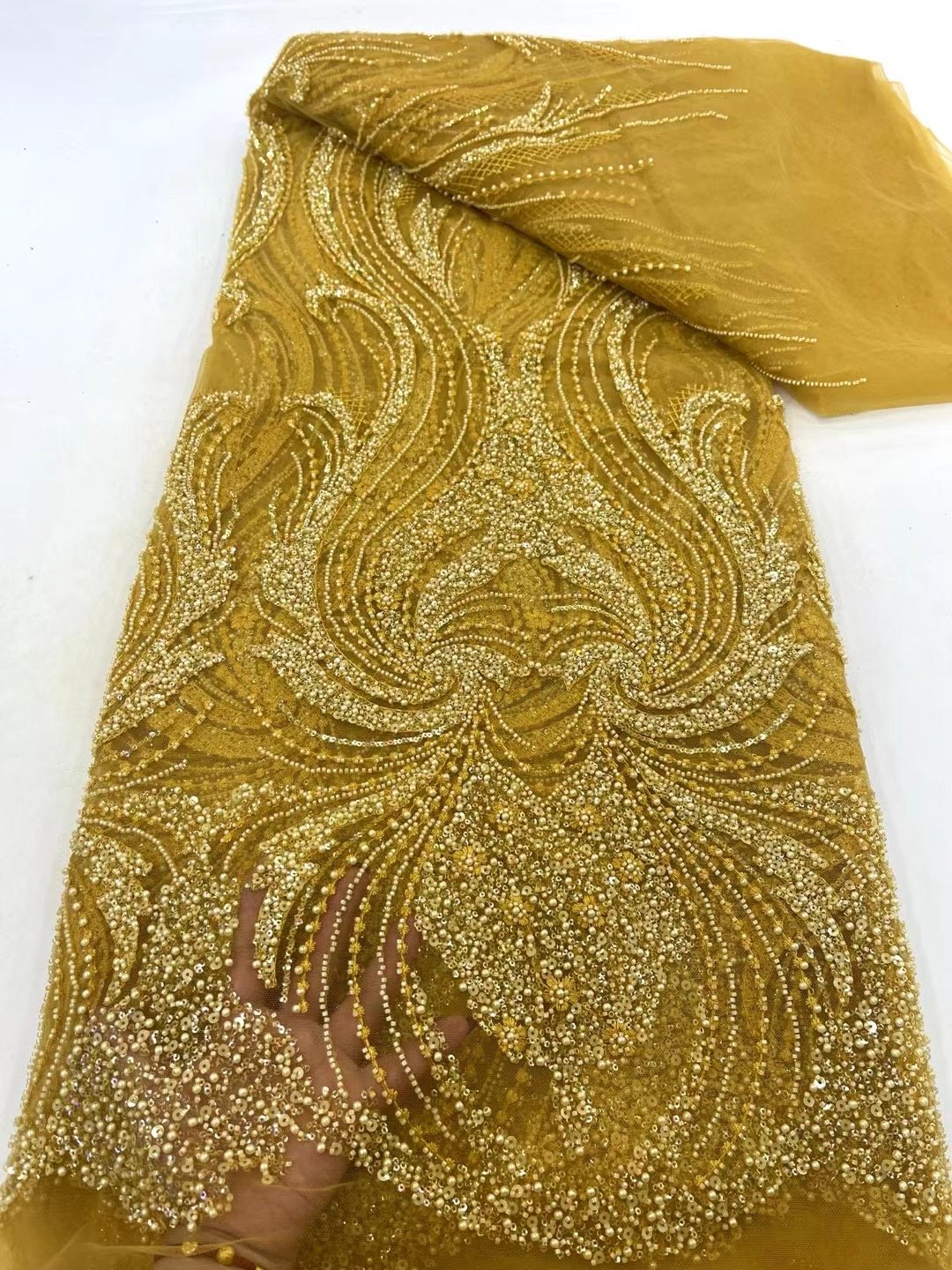 NI.AI Handmade Beads Lace Fabric Sequins Beaded Embroidery African Lace Fabric with Pearls for Wedding Dress Lace