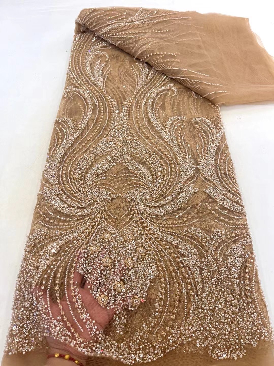 NI.AI Handmade Beads Lace Fabric Sequins Beaded Embroidery African Lace Fabric with Pearls for Wedding Dress Lace